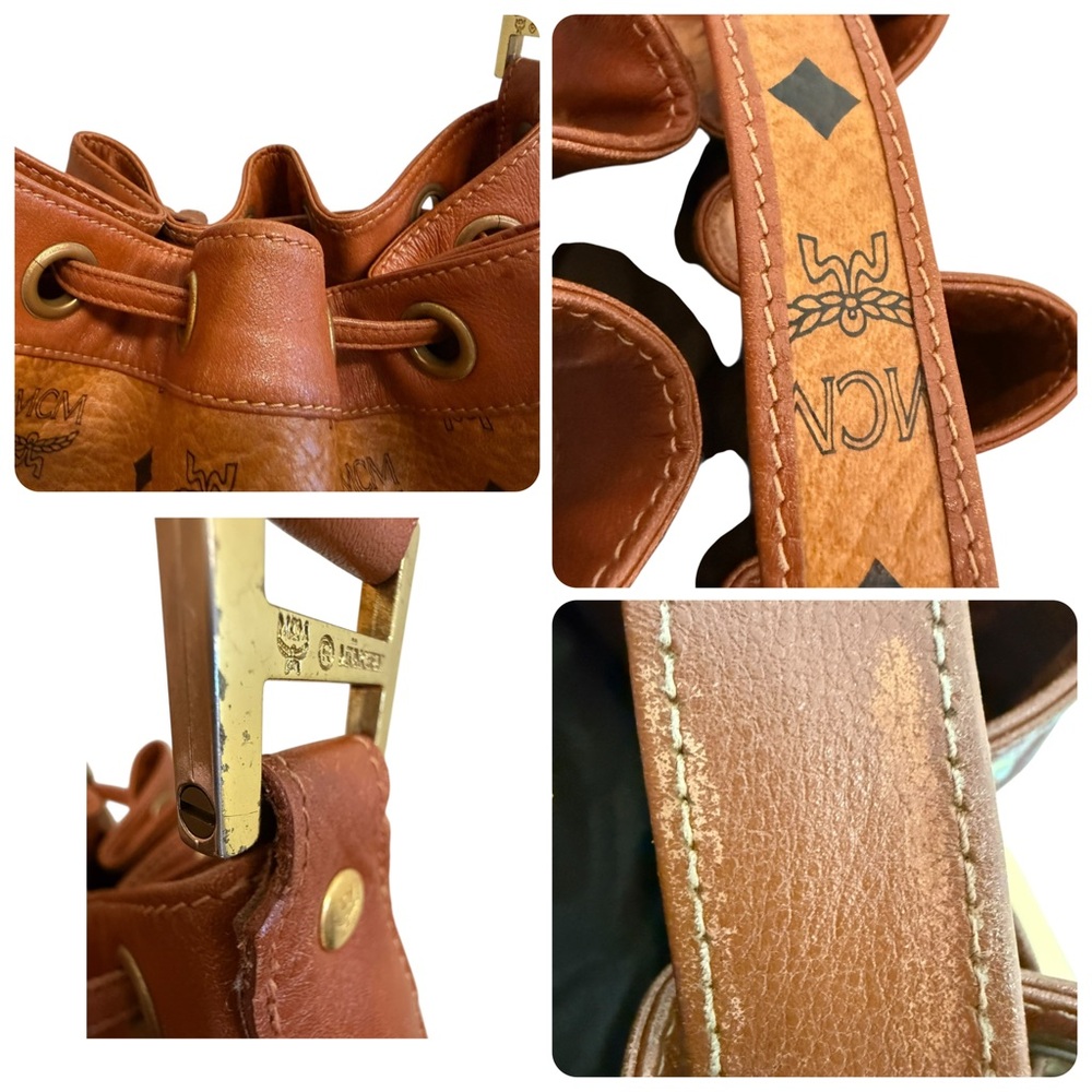 MCM München Cognac Visetos Drawstring Bucket Bag Vintage Leather Trim Crossbody - Picture 8 of 14